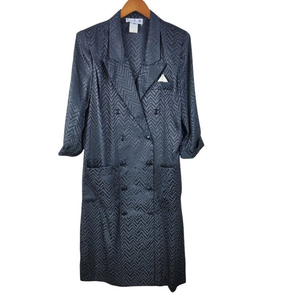 Vintage 80s Power Suit Jacket Dress Size 14 16 Evening Career Black Satin Blazer - Picture 2 of 7